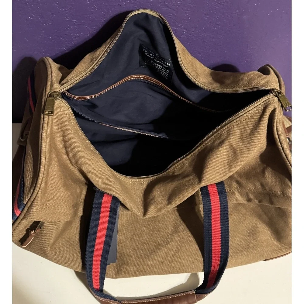 Tommy Hilfiger Canvas Leather Duffel Bag Hunting Field Luggage Travel Khaki $165